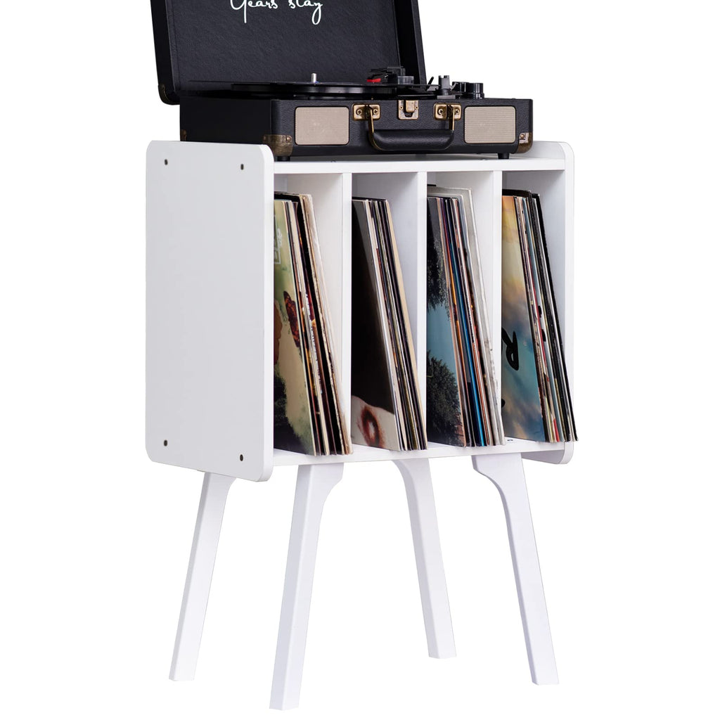 LELELINKY Small Record Player Stand - Width 11.7 in, Brown Vinyl Record Storage Table with 4 Cabinet Up to 80 Albums, Vinyl Holder with Wood Legs,Turntable Stand Display Shelf for Bedroom Living Room