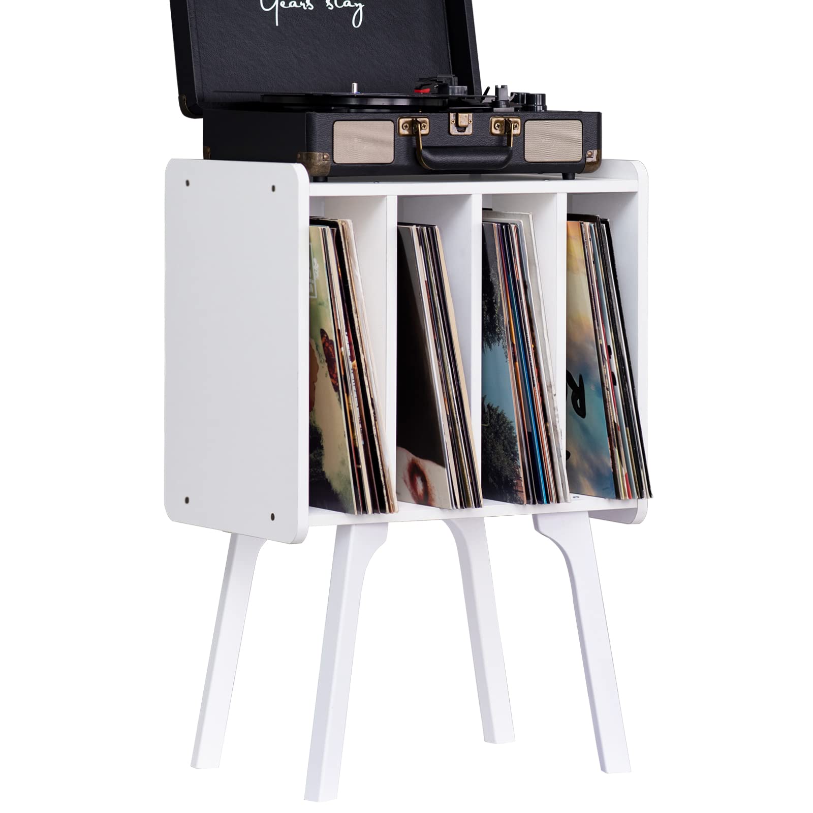 LELELINKY Small Record Player Stand - Width 11.7 in, Brown Vinyl Record Storage Table with 4 Cabinet Up to 80 Albums, Vinyl Holder with Wood Legs,Turntable Stand Display Shelf for Bedroom Living Room