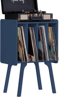 LELELINKY Small Record Player Stand - Width 11.7 in, Blue Vinyl Record Storage Table with 4 Cabinet Up to 80 Albums, Vinyl Holder with Wood Legs,Turntable Stand Display Shelf for Bedroom Living Room