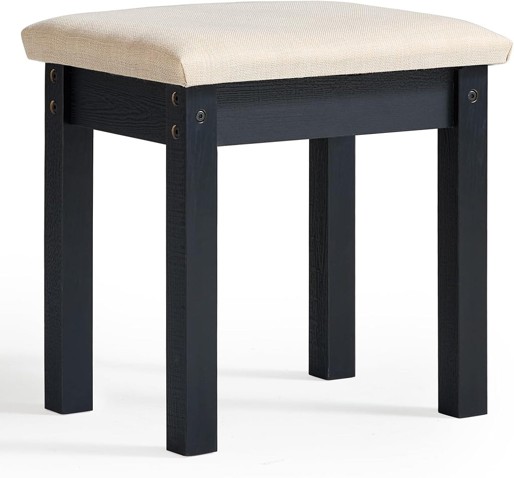 LEYAOYAO Vanity Stool, Elegant Wooden Makeup Chair Stool with Comfortable Fabric Cushion, Modern Make Up Bench for Bedroom and Bathroom-Classic Black