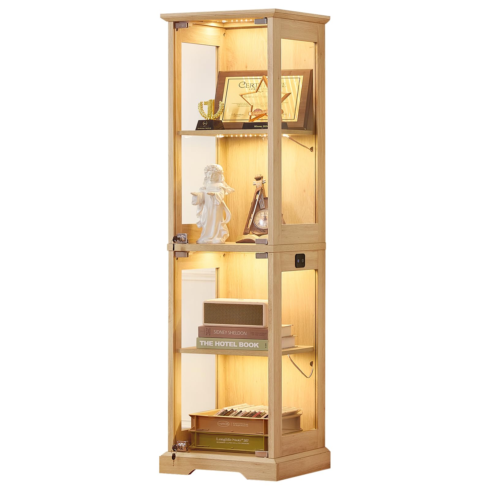 LELELINKY Farmhouse Narrow Glass Display Cabinet with Doors & Lock, Walnut