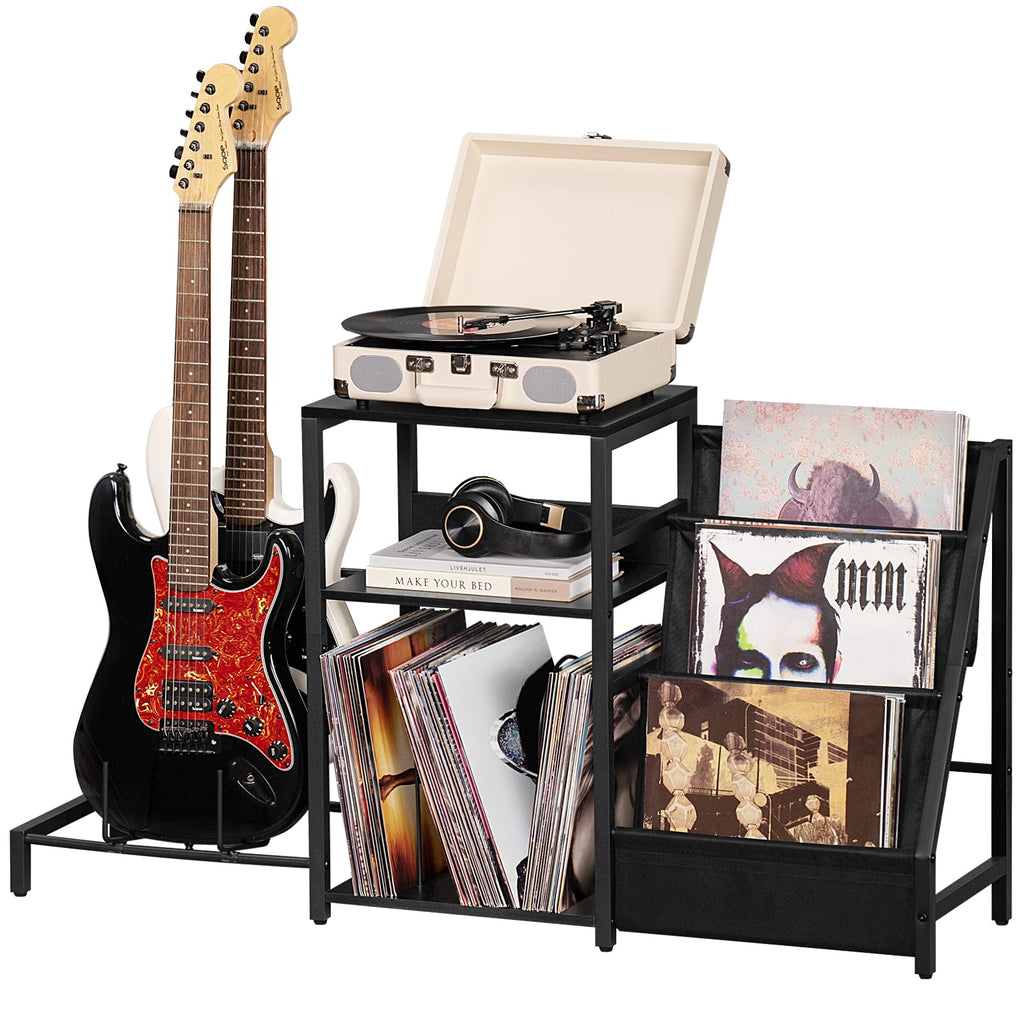 LELELINKY Black End Table,Record Player Stand with Vinyl Storage,3 Tier Side Table with Display Shelf Storage Up to 150 Albums,Industrial Large Record Holder Cabinet for Living Room