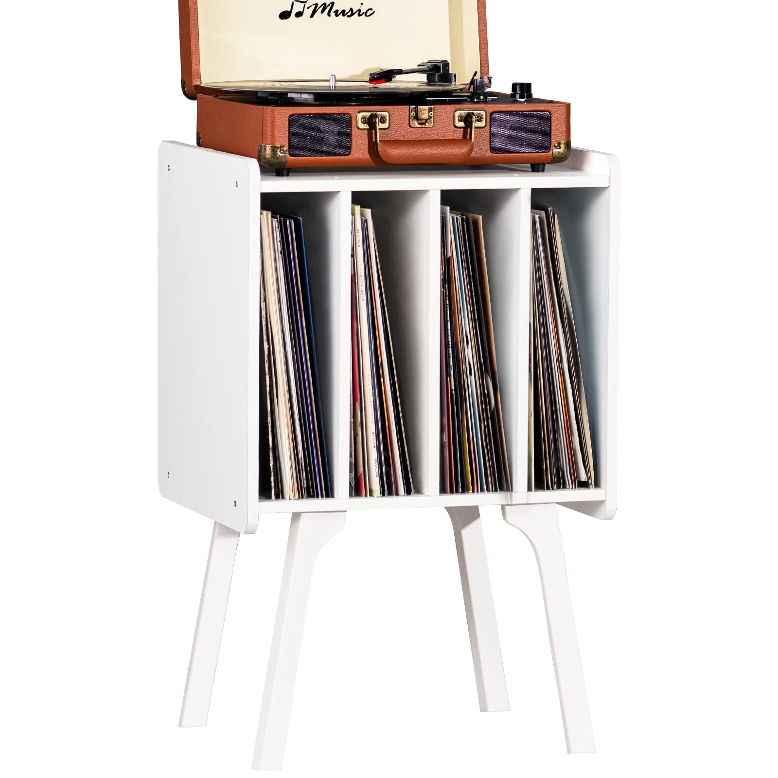 LELELINKY Record Player Stand,Vinyl Record Storage Table with 4 Cabinet Up to 100 Albums,Mid-Century Modern Turntable Stand with Wood Legs,Oak Grey Vinyl Holder Display Shelf for Bedroom Living Room