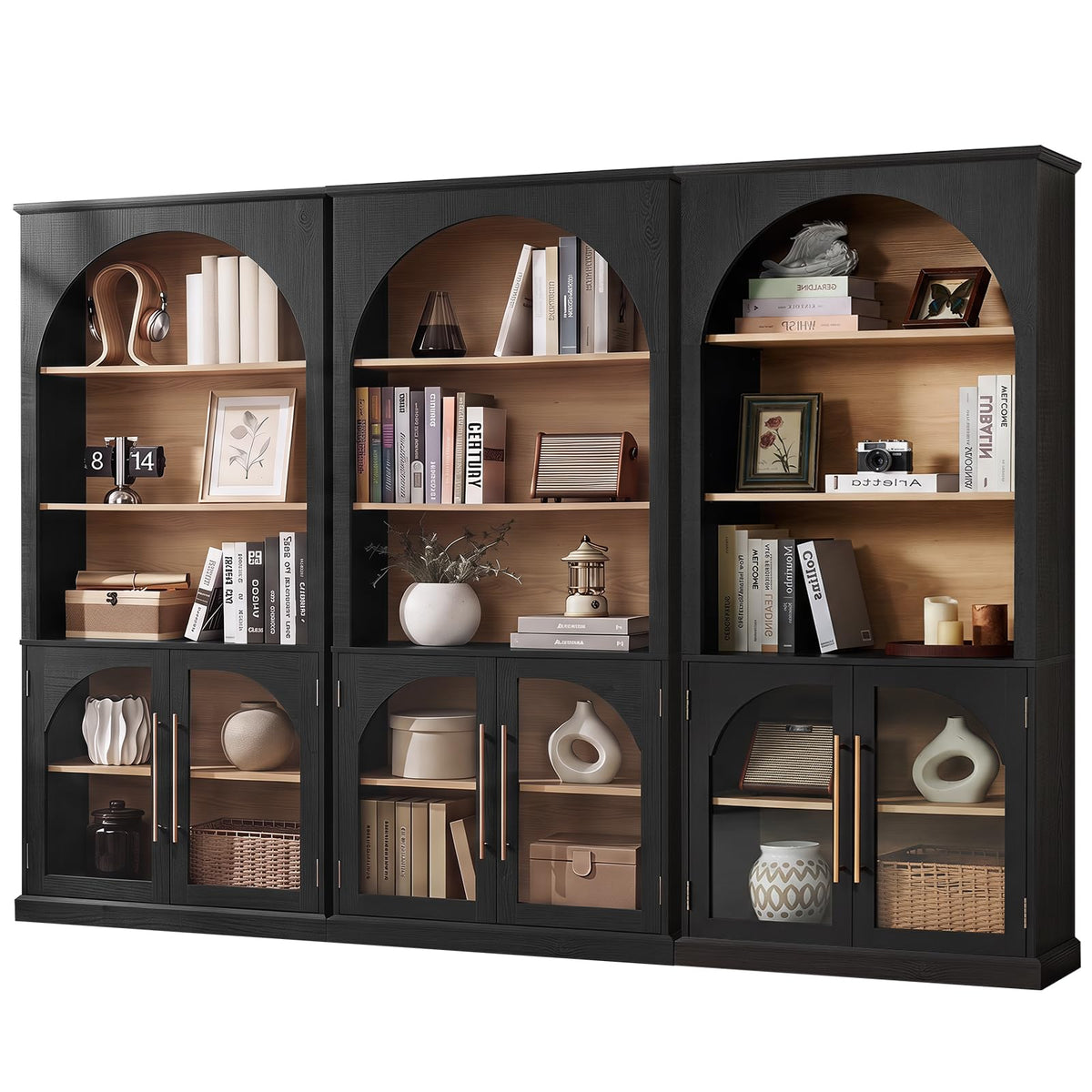 LELELINKY Arched Bookshelf with Tempered Glass Doors, 67" Tall Bookcase