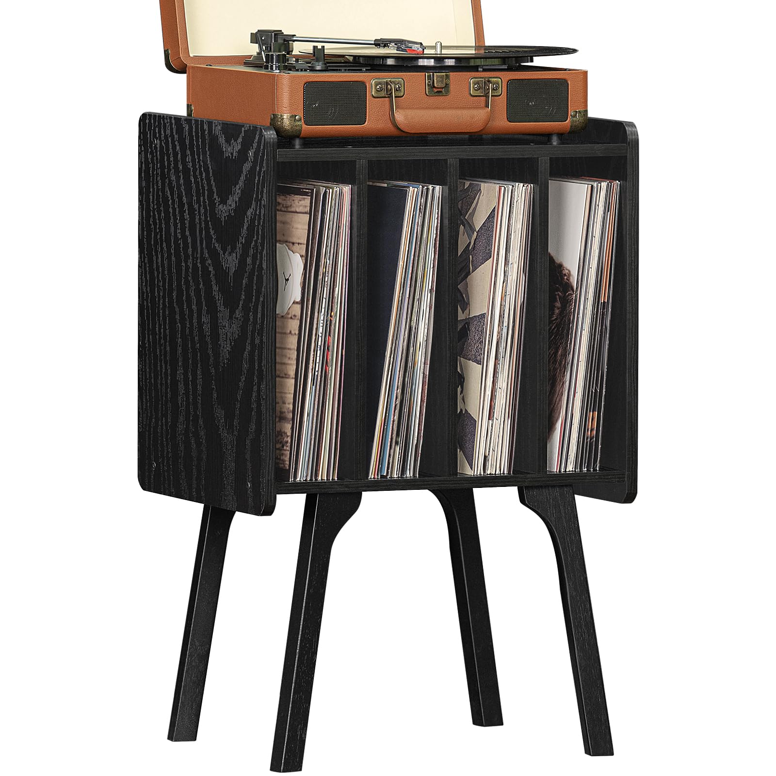 LELELINKY Record Player Stand, Walnut Vinyl Storage Table with 4 Cabinet Up to 100 Albums, Mid-Century Modern Record Holder Wood Legs