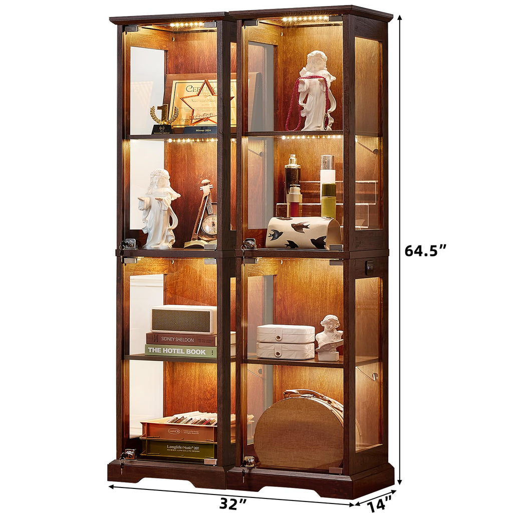 LELELINKY Farmhouse Narrow Glass Display Cabinet with Doors & Lock, Walnut