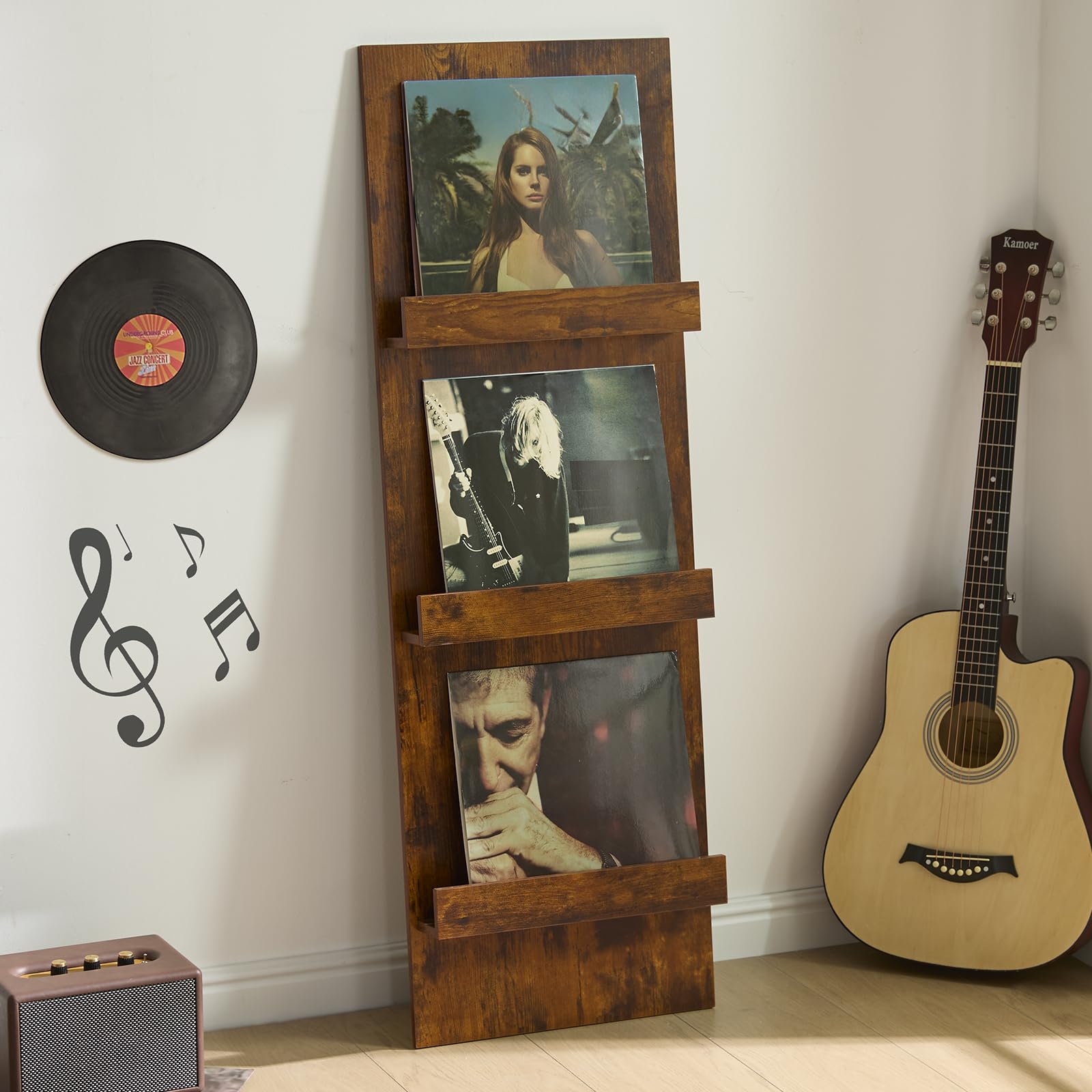 LELELINKY Wall Mount Vinyl Record Holder with 3 Tier Display Area, 47.5'' Tall Record Storage Magazine Holder, Book Shelf Holder Holds Up to 15 Vinyls Albums/CD for Music Room, Living Room, Black