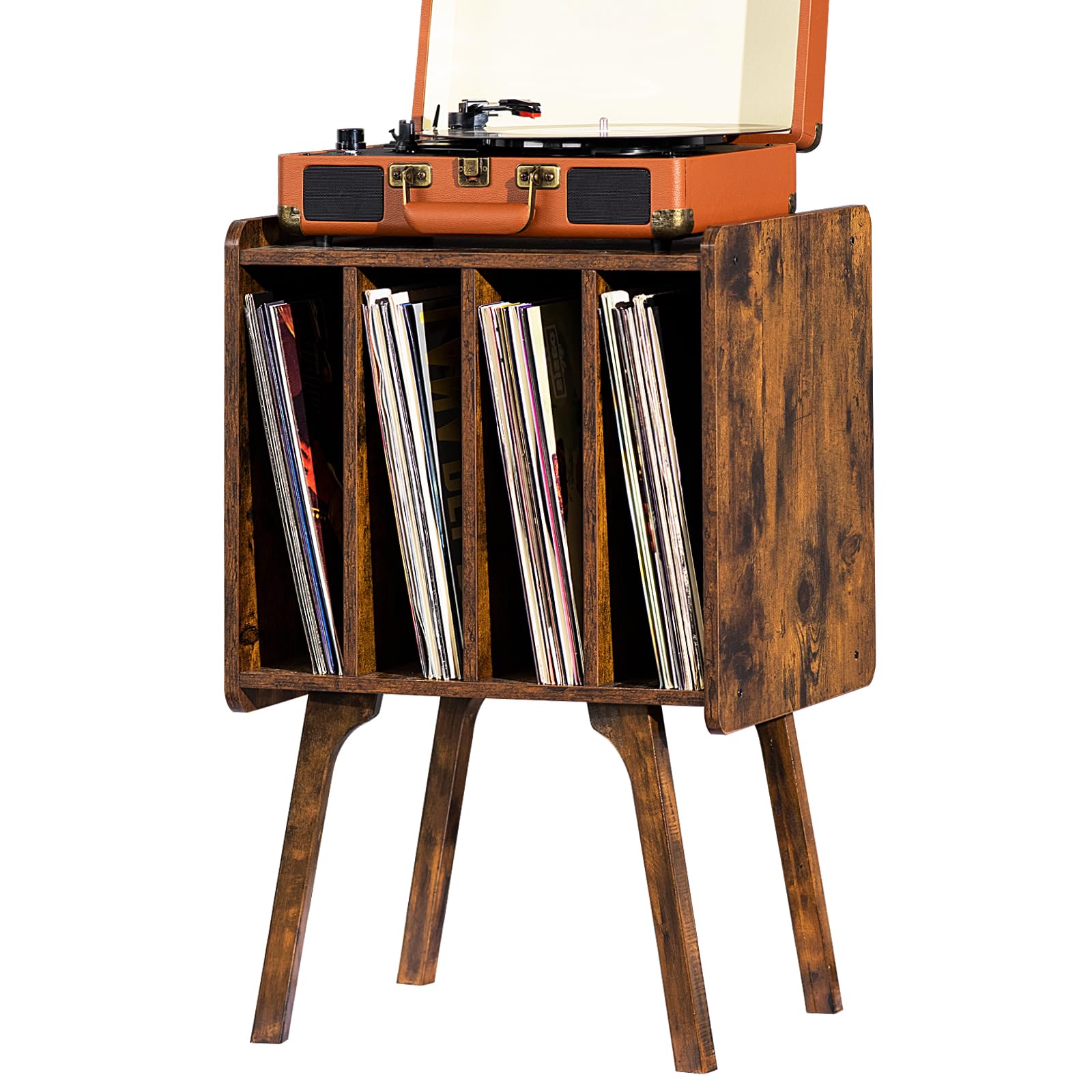 LELELINKY Record Player Stand,Vinyl Record Storage Table with 4 Cabinet Up to 100 Albums,Mid-Century Modern Turntable Stand with Wood Legs,Oak Grey Vinyl Holder Display Shelf for Bedroom Living Room