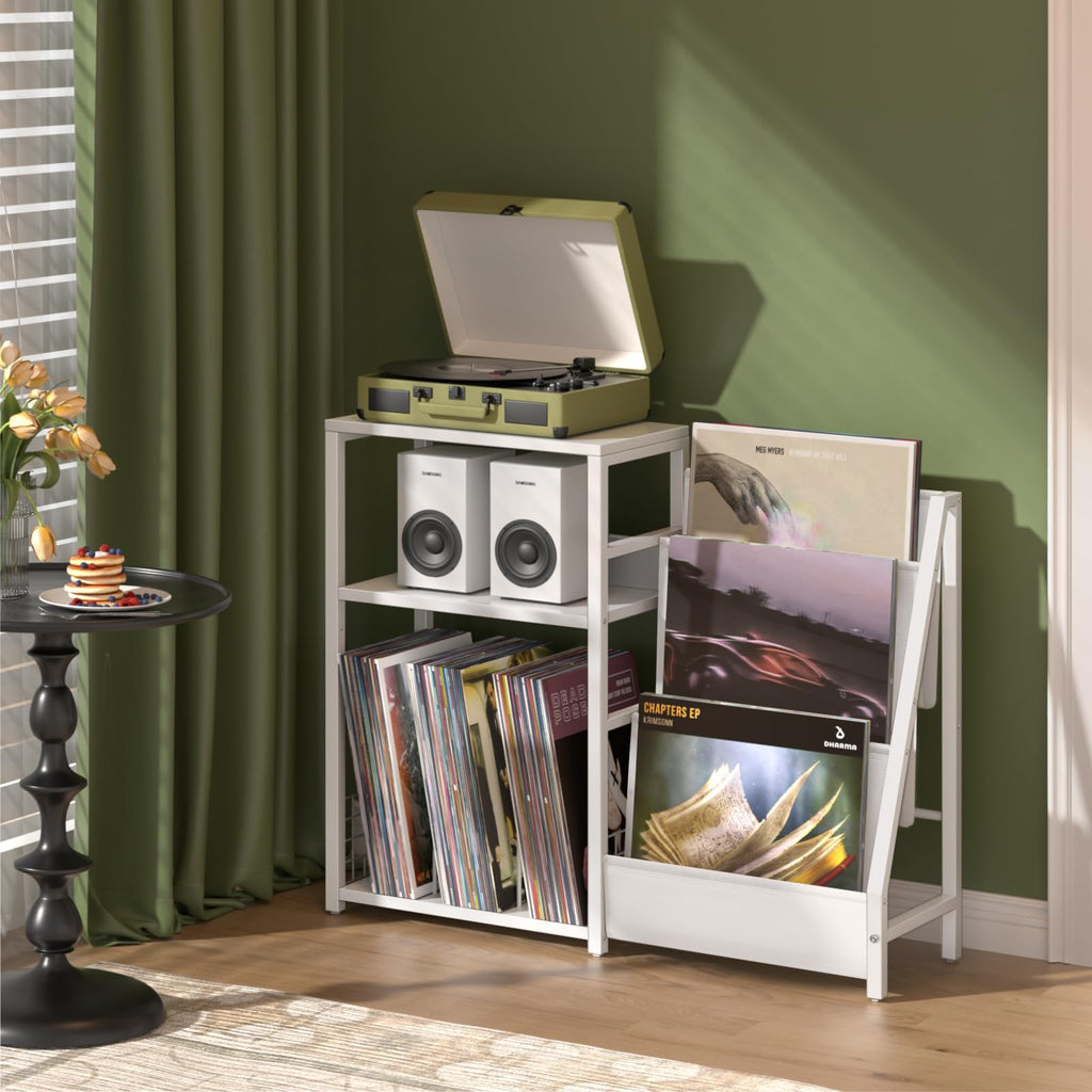 LELELINKY Record Player Stand, Black Adjustable Guitar Stand for Acoustic Guitar, Electric Guitar, Bass, Turntable Stand with Vinyl Display Shelf Storage Up to 150 Albums, End Table for Music Room