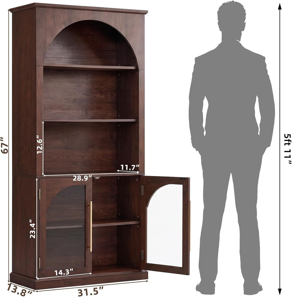 LELELINKY Arched Bookshelf with Tempered Glass Doors, 67" Tall Bookcase