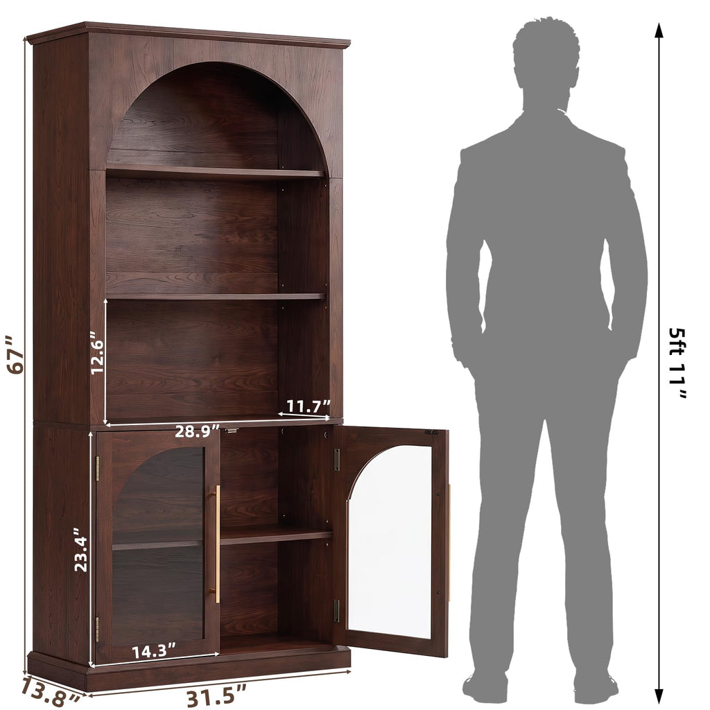 LELELINKY Arched Bookshelf with Tempered Glass Doors, 67" Tall Bookcase
