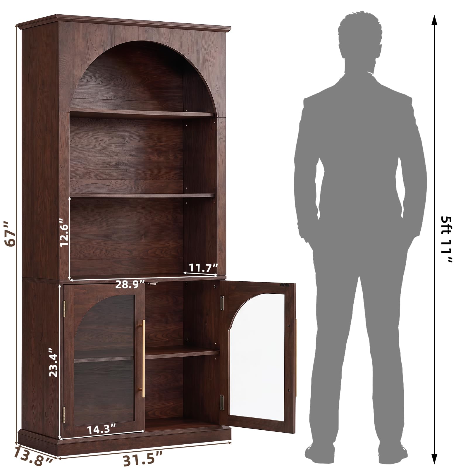 LELELINKY Arched Bookshelf with Tempered Glass Doors, 67" Tall Bookcase