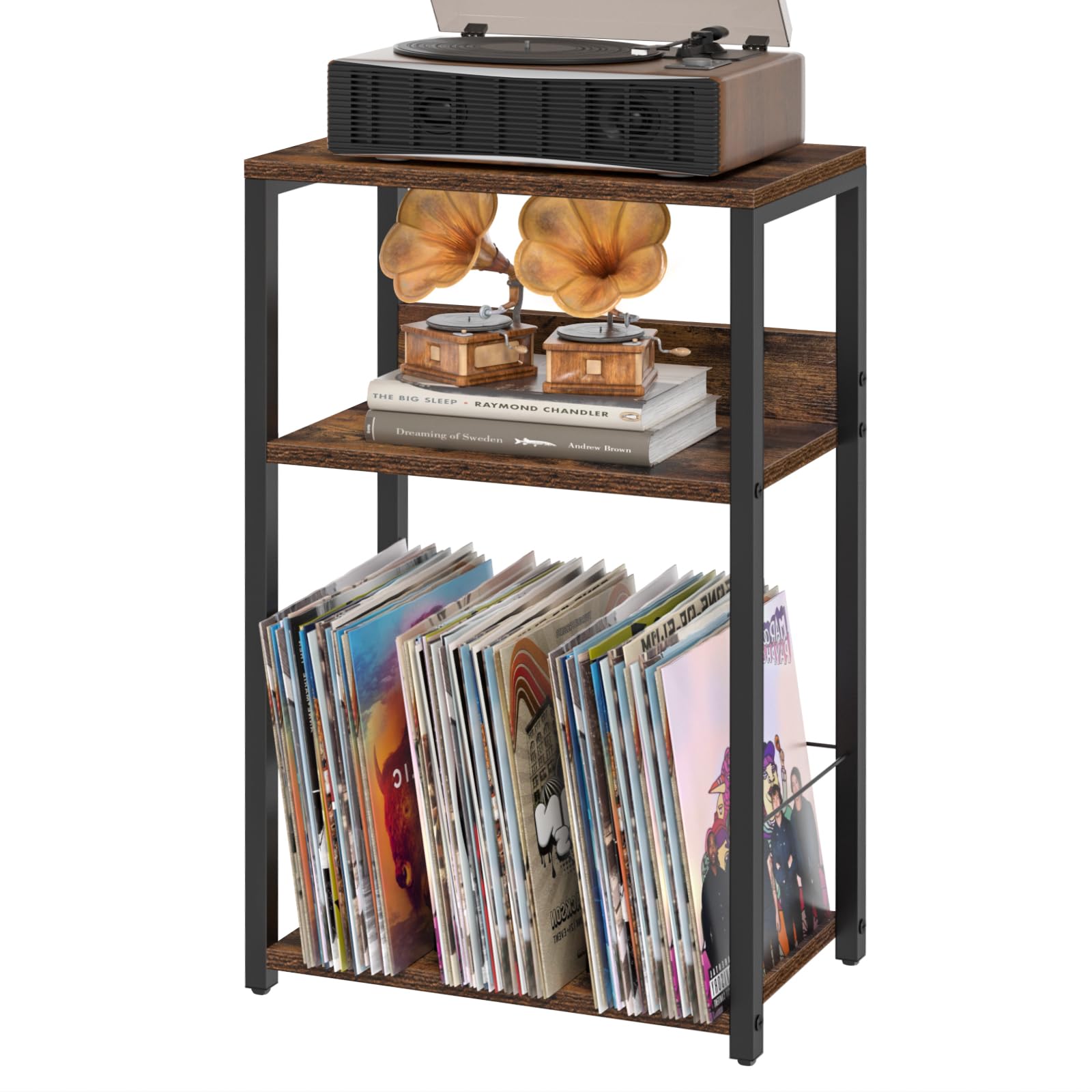 LELELINKY End Table with Storage, Brown Nightstand for Small Spaces,3 Tier Record Player Stand with Vinyl Storage Shelf, Sofa Couch Side Tables for Living Room Bedroom