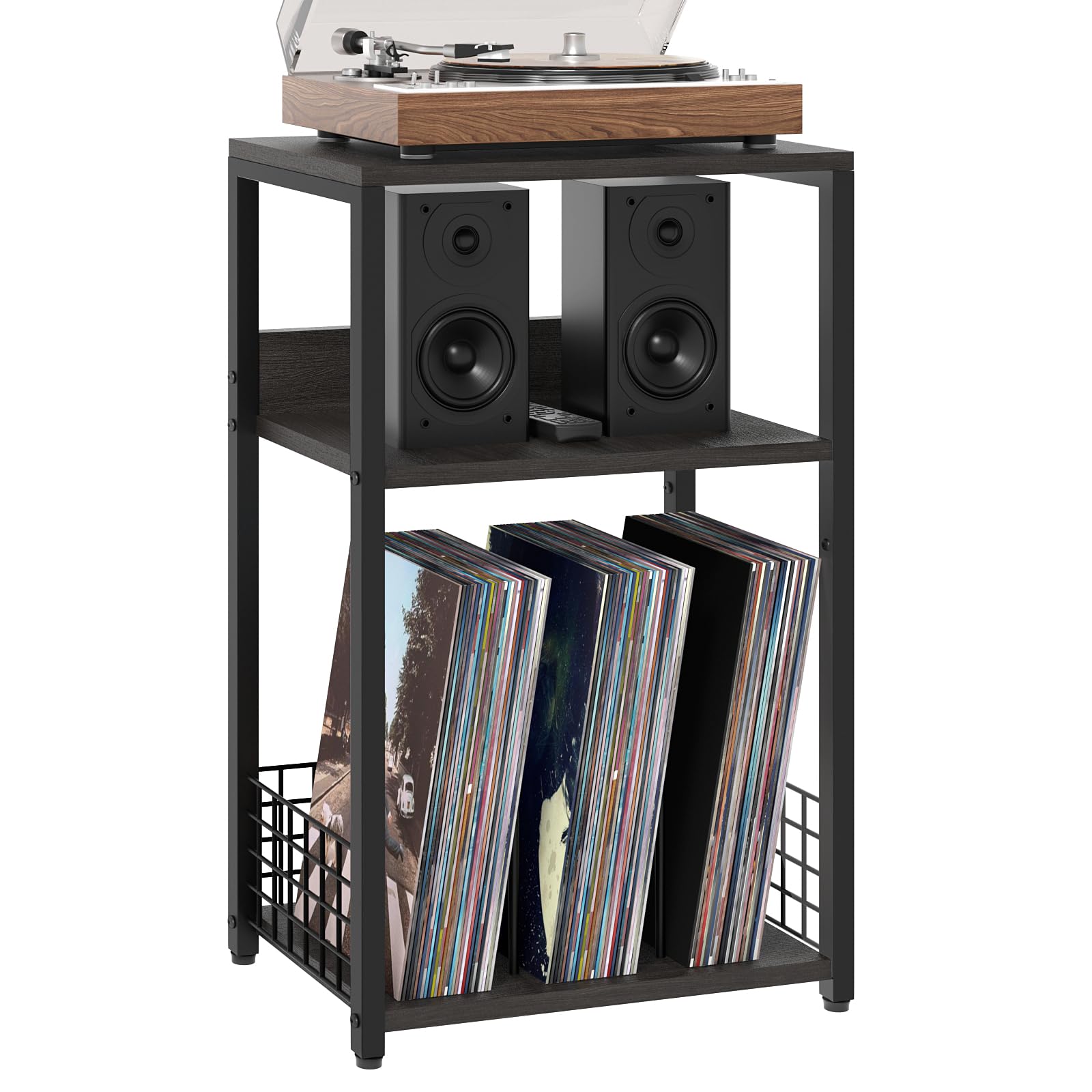 LELELINKY 3 Tier End Table,Record Player Stand with Storage Up to 100 Albums,Turntable Stand for Vinyl,Brown Records Shelf for Living Room Bedroom