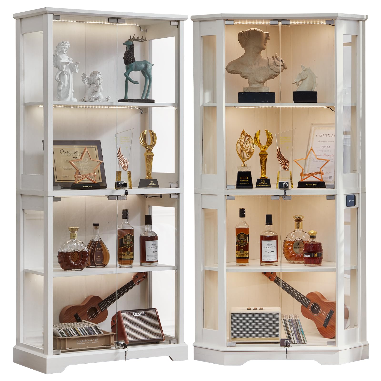 LELELINKY Farmhouse Corner Display Cabinet with Glass Doors, Corner Curio Cabinet with 3-Color LED Motion-Sensor Light, Walnut