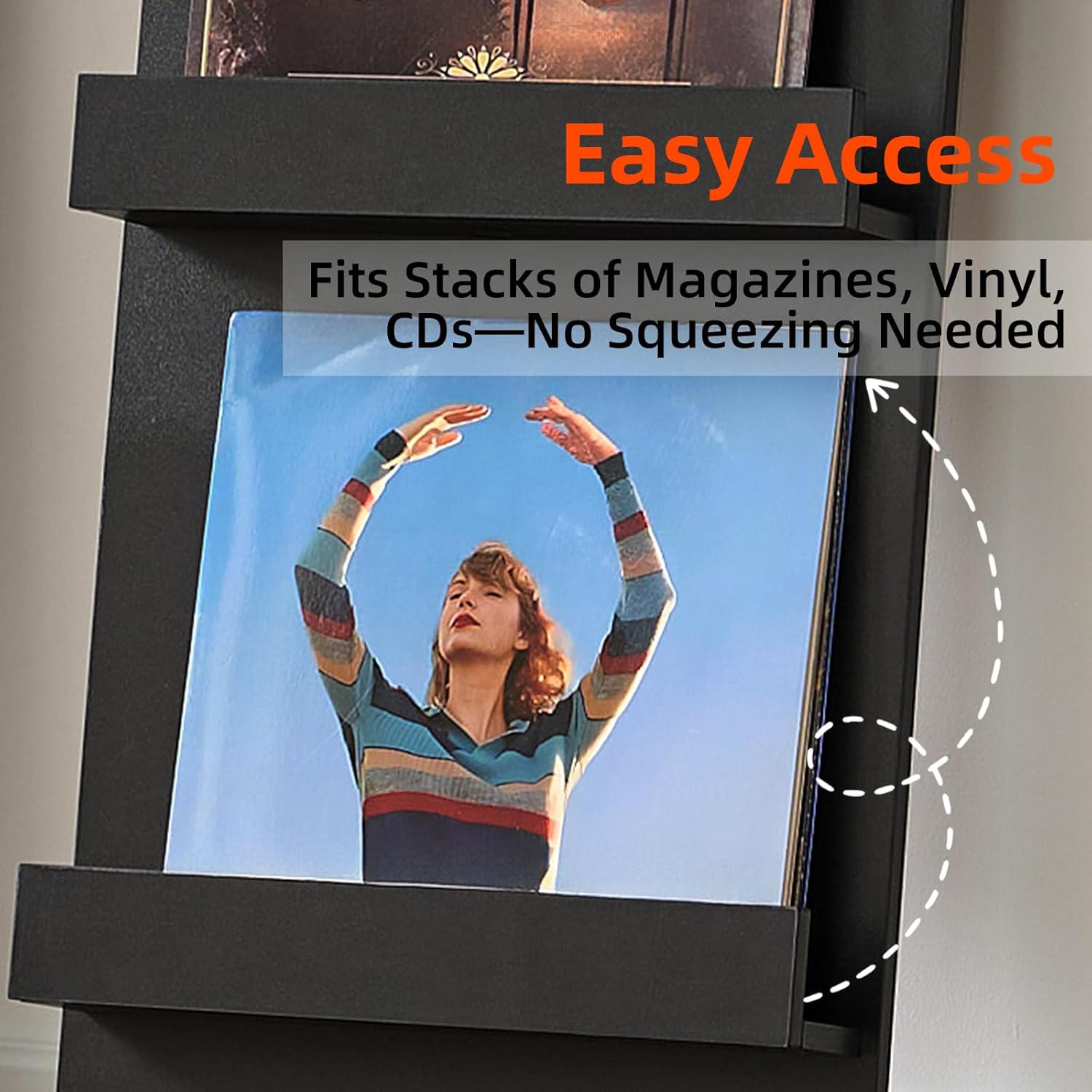 LELELINKY Wall Mount Vinyl Record Holder with 3 Tier Display Area, 47.5'' Tall Record Storage Magazine Holder, Book Shelf Holder Holds Up to 15 Vinyls Albums/CD for Music Room, Living Room, Black