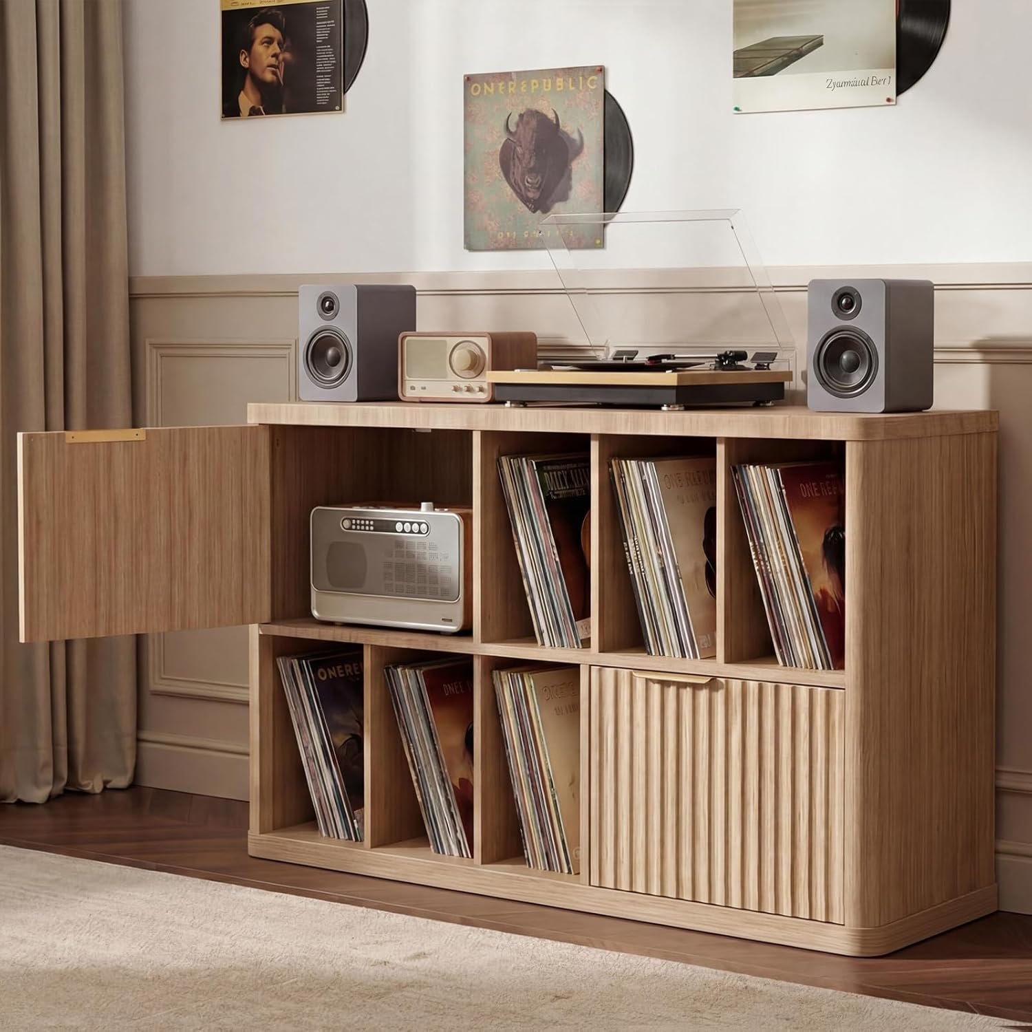 LELELINKY Large Record Player Stand - 39.5" Record Cabinet with Open Vinyl Storage Holds up to 400 Albums, Modern Vinyl Player Table with Fluted Doors, Turntable Stand for Living Room, Natural Oak
