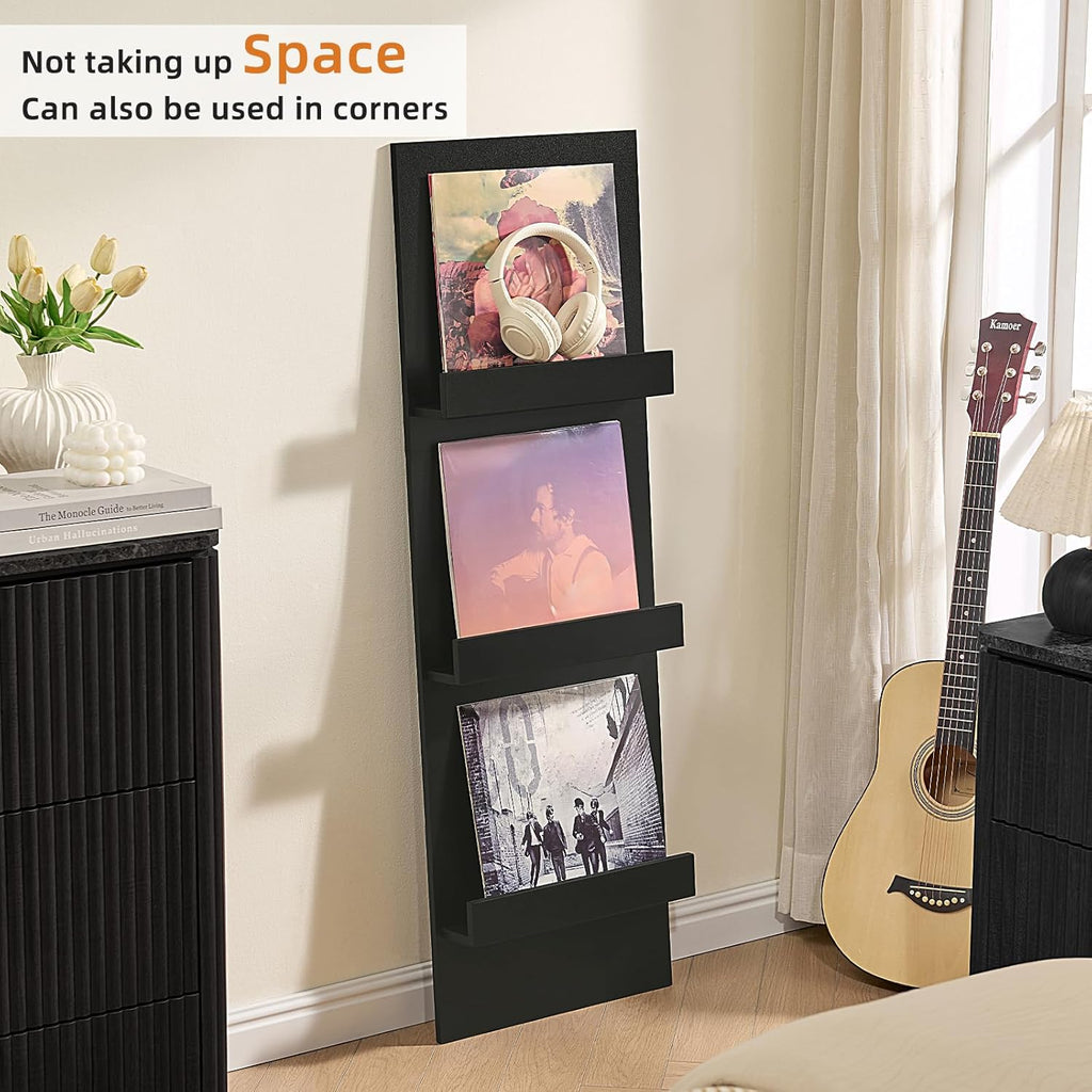 LELELINKY Wall Mount Vinyl Record Holder with 3 Tier Display Area, 47.5'' Tall Record Storage Magazine Holder, Book Shelf Holder Holds Up to 15 Vinyls Albums/CD for Music Room, Living Room, Black