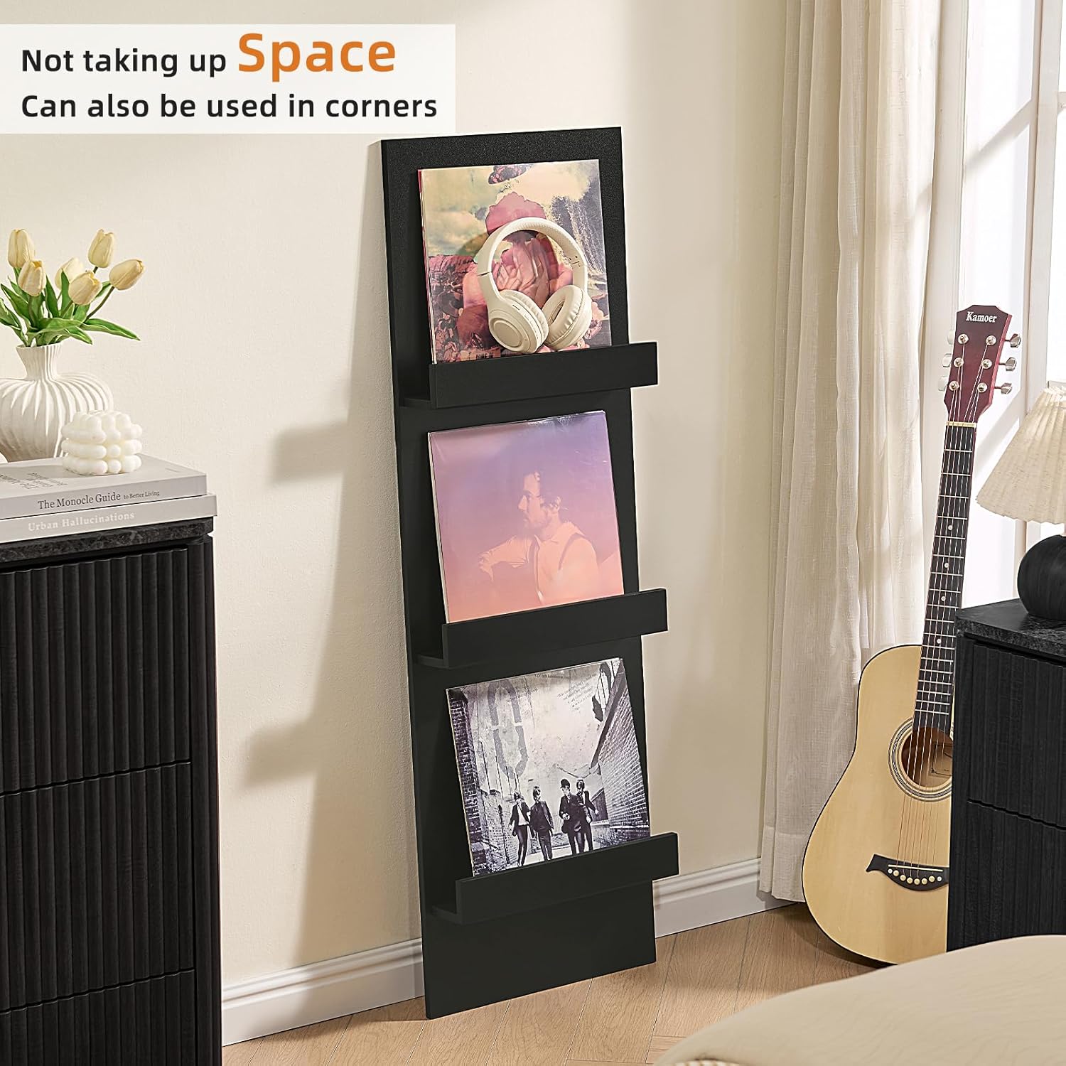 LELELINKY Wall Mount Vinyl Record Holder with 3 Tier Display Area, 47.5'' Tall Record Storage Magazine Holder, Book Shelf Holder Holds Up to 15 Vinyls Albums/CD for Music Room, Living Room, Black