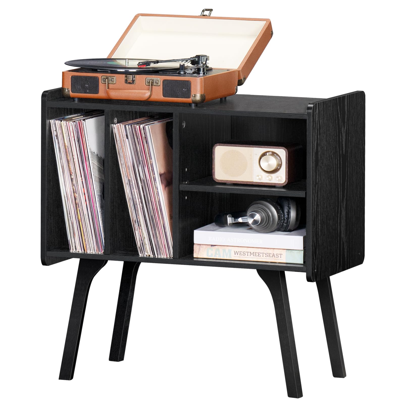 LELELINKY Record Player Stand,Vinyl Record Storage Table with 4 Cabinet Up to 120 Albums,Mid-Century Turntable Stand with Wood Legs,White Vinyl Holder Display Shelf for Bedroom Living Room