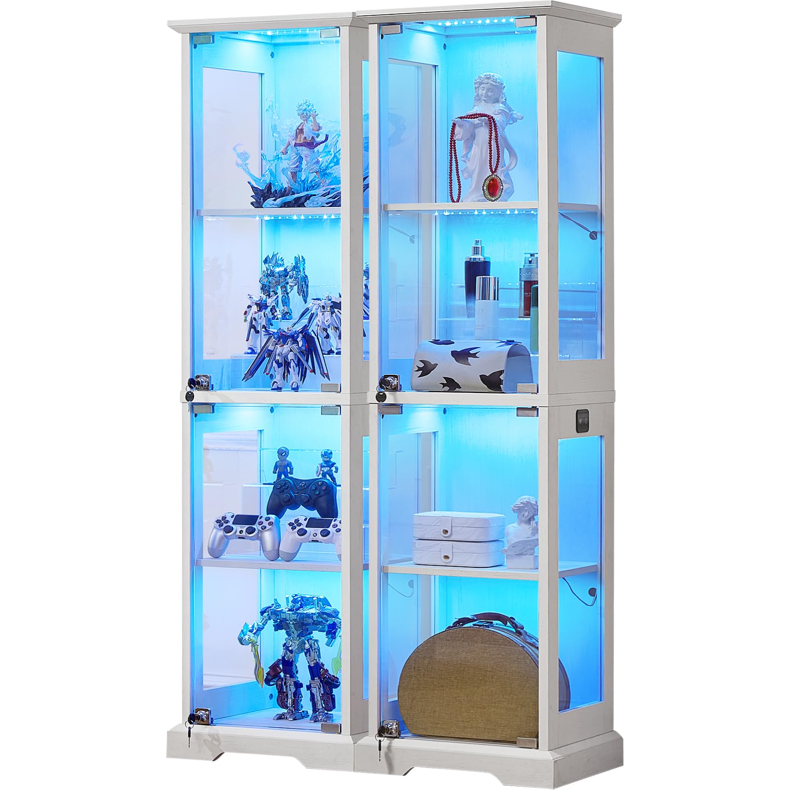 LELELINKY Farmhouse Narrow Glass Display Cabinet with Doors & Lock, Walnut