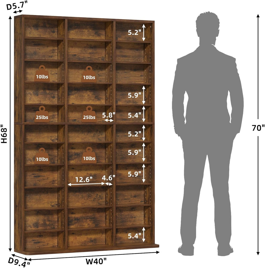 LELELINKY 11 Tier Tall Display Cabinet, Media Storage Cabinet with Adjustable Shelves, Free Standing DVD Organizer Shelf, Floor Multimedia Storage Manga Bookshelf for Living Room & Home Office, Brown