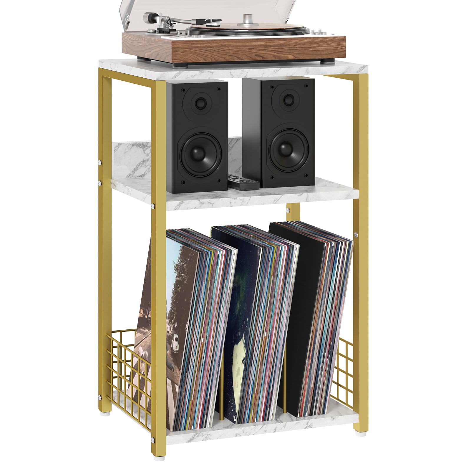 LELELINKY 3 Tier End Table,Record Player Stand with Storage Up to 100 Albums,Turntable Stand for Vinyl,Brown Records Shelf for Living Room Bedroom