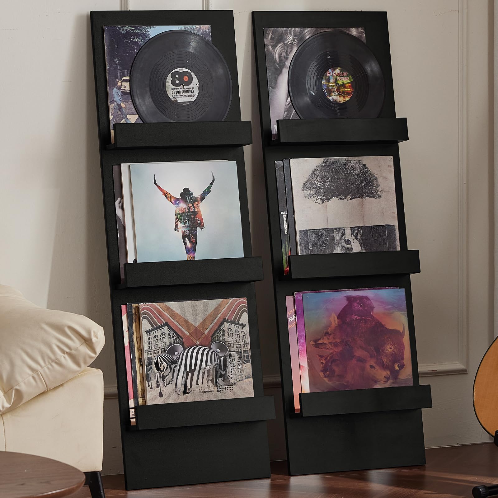 LELELINKY Wall-Leaning Vinyl Record Holder with 3 Tier Display Shelf, 47.5'' Tall Record Storage Magazine Holder, Vinlys Stand Holder Holds Up to 30 Vinyls Albums/CD for Living Room, Brown
