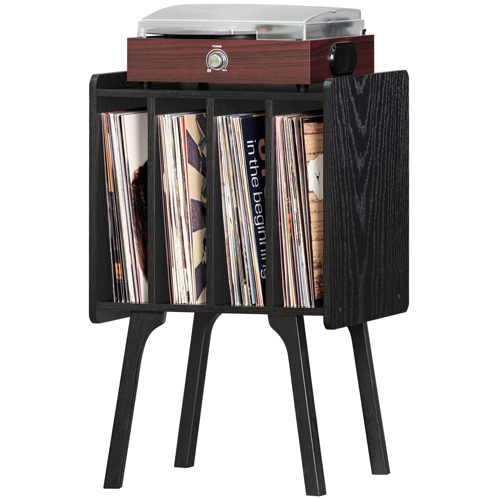 LELELINKY Record Player Stand,Vinyl Record Storage Table with 4 Cabinet Up to 100 Albums,Mid-Century Modern Turntable Stand with Wood Legs,Oak Grey Vinyl Holder Display Shelf for Bedroom Living Room