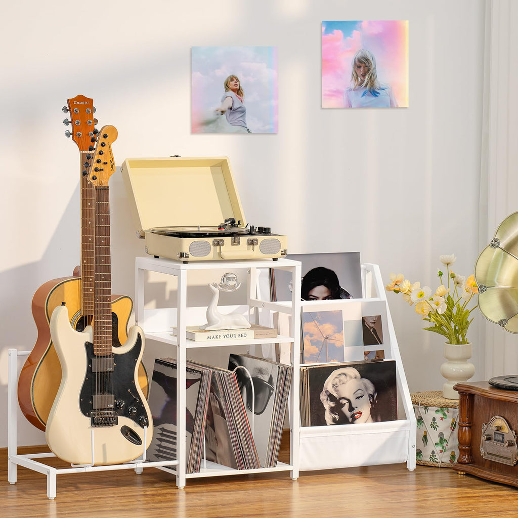 LELELINKY Record Player Stand, Black Adjustable Guitar Stand for Acoustic Guitar, Electric Guitar, Bass, Turntable Stand with Vinyl Display Shelf Storage Up to 150 Albums, End Table for Music Room