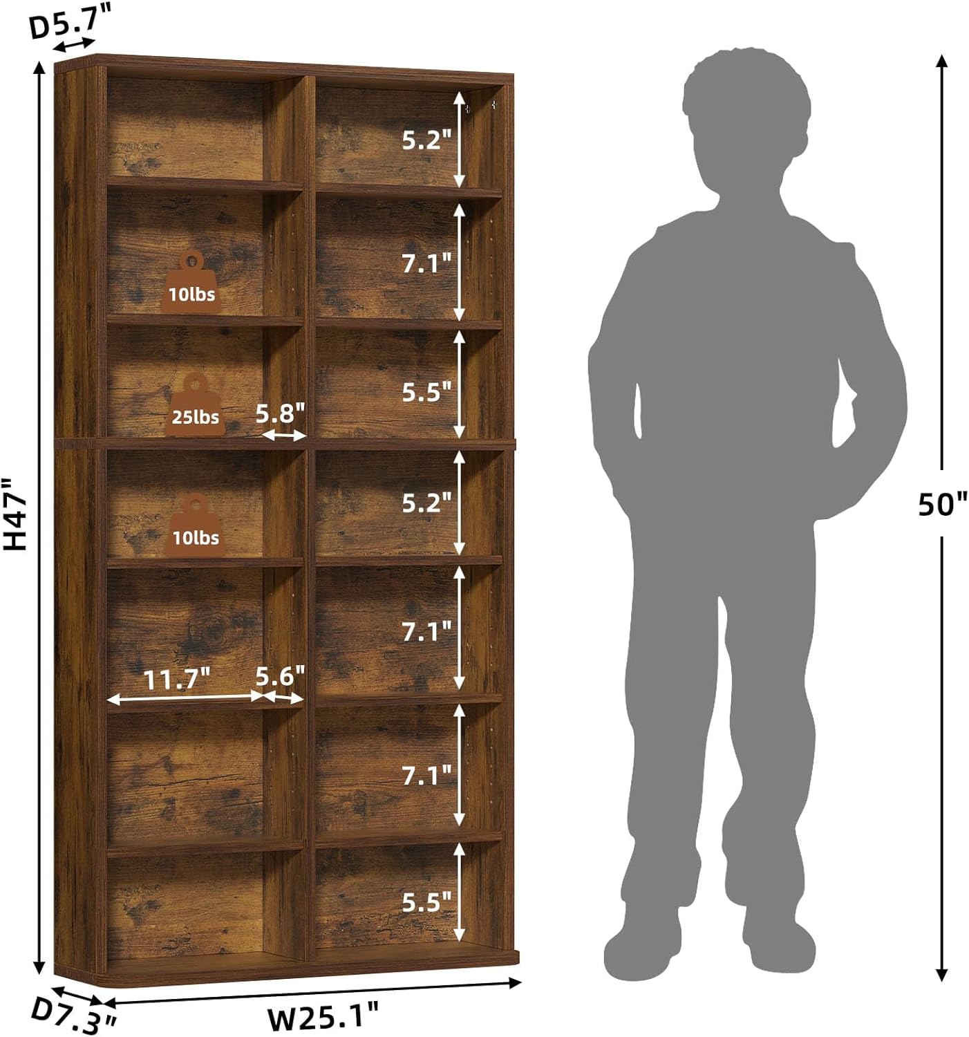 LELELINKY 7 Tier Tall Display Cabinet, Brown Media Storage Cabinet with Adjustable Shelves, Free Standing DVD Organizer Shelf, Floor Multimedia Storage Manga Bookshelf for Living Room & Home Office.