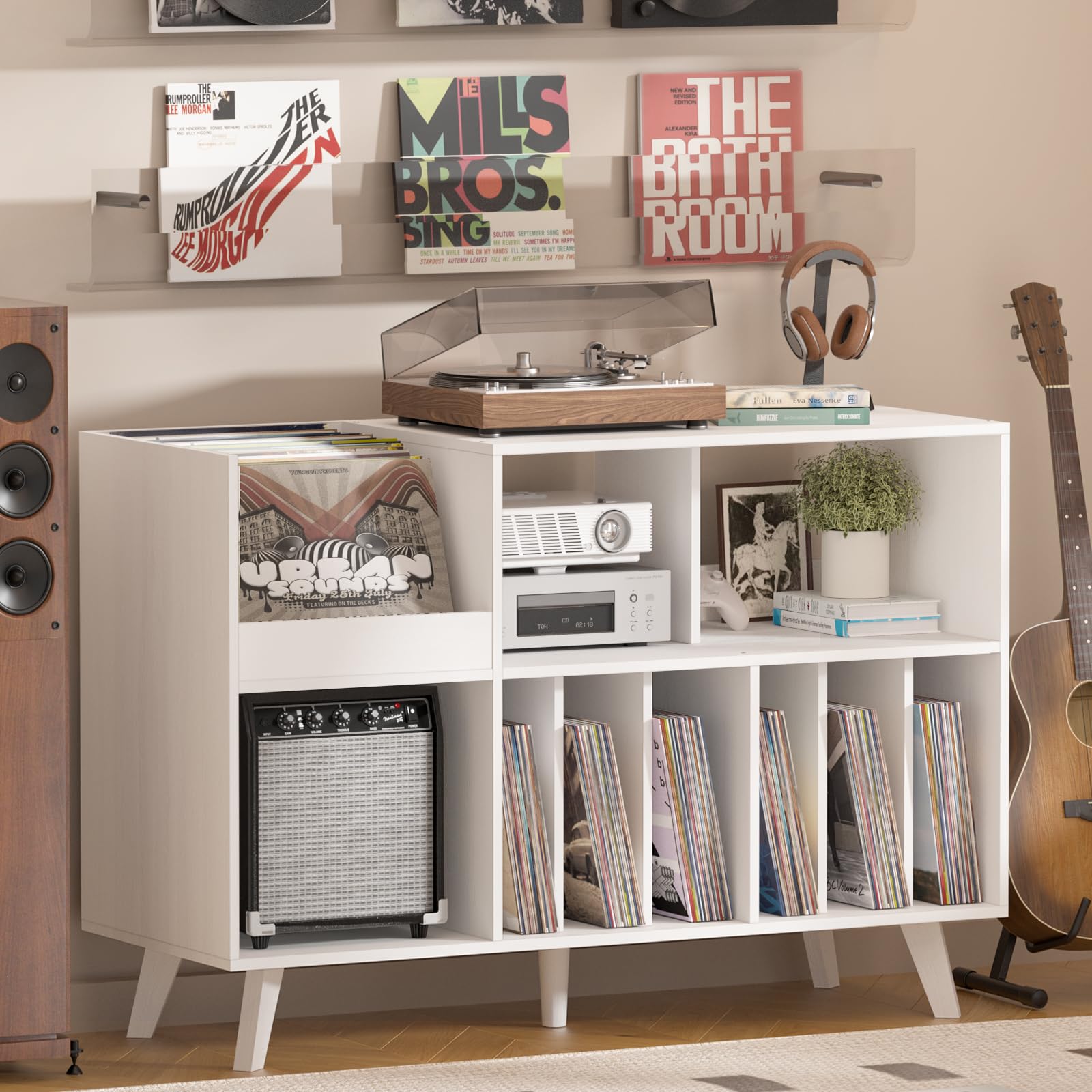 LELELINKY Large Record Player Stand, 48‘’Turntable Stand with Storage, Vinyl Record Holder with Display Area, Record Player Table Holds Up to 450 Albums, Record Stand for Music Room Living Room