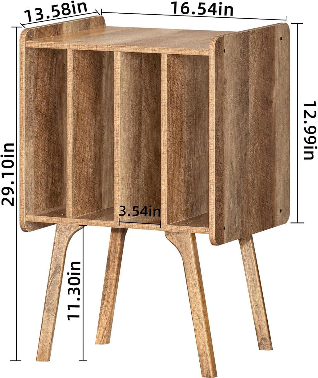 LELELINKY Record Player Stand,Vinyl Record Storage Table with 4 Cabinet Up to 100 Albums,Mid-Century Modern Turntable Stand with Wood Legs,Oak Grey Vinyl Holder Display Shelf for Bedroom Living Room