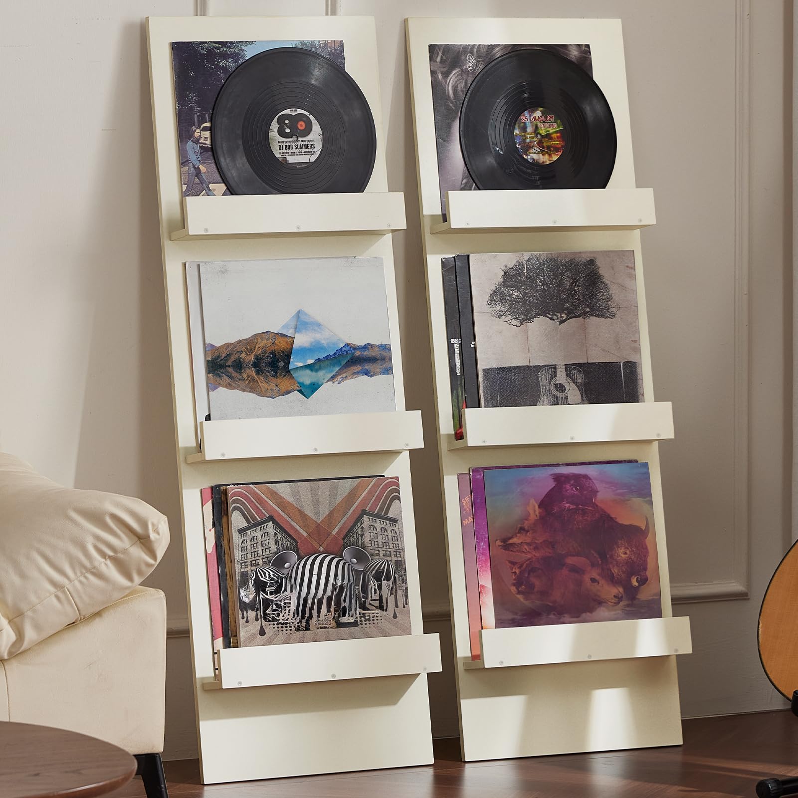 LELELINKY Wall-Leaning Vinyl Record Holder with 3 Tier Display Shelf, 47.5'' Tall Record Storage Magazine Holder, Vinlys Stand Holder Holds Up to 30 Vinyls Albums/CD for Living Room, Brown