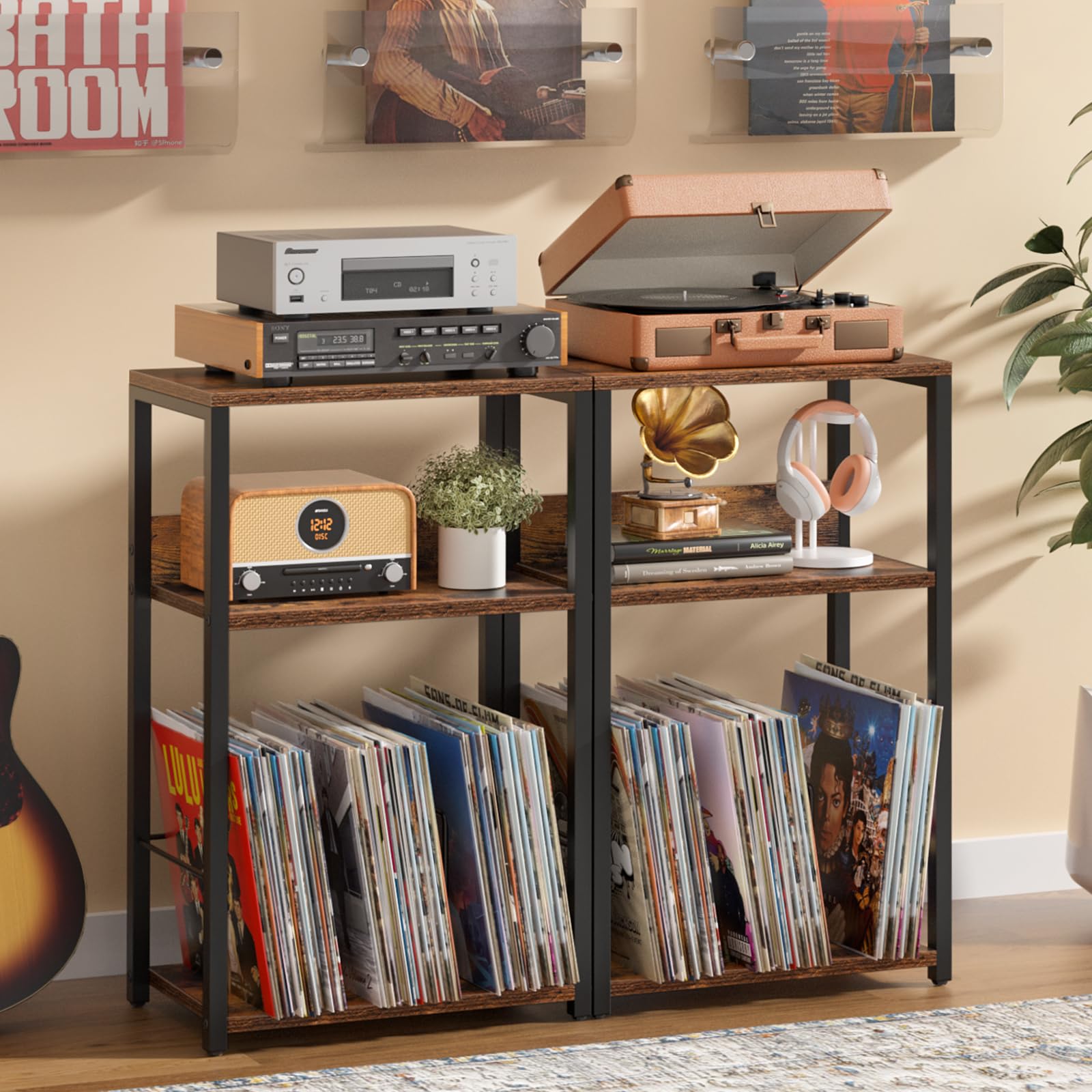 LELELINKY End Table with Storage, Brown Nightstand for Small Spaces,3 Tier Record Player Stand with Vinyl Storage Shelf, Sofa Couch Side Tables for Living Room Bedroom