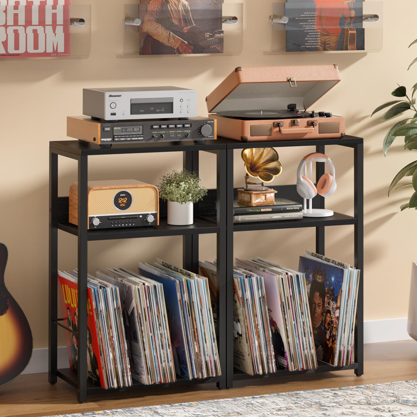 LELELINKY End Table with Storage, Brown Nightstand for Small Spaces,3 Tier Record Player Stand with Vinyl Storage Shelf, Sofa Couch Side Tables for Living Room Bedroom