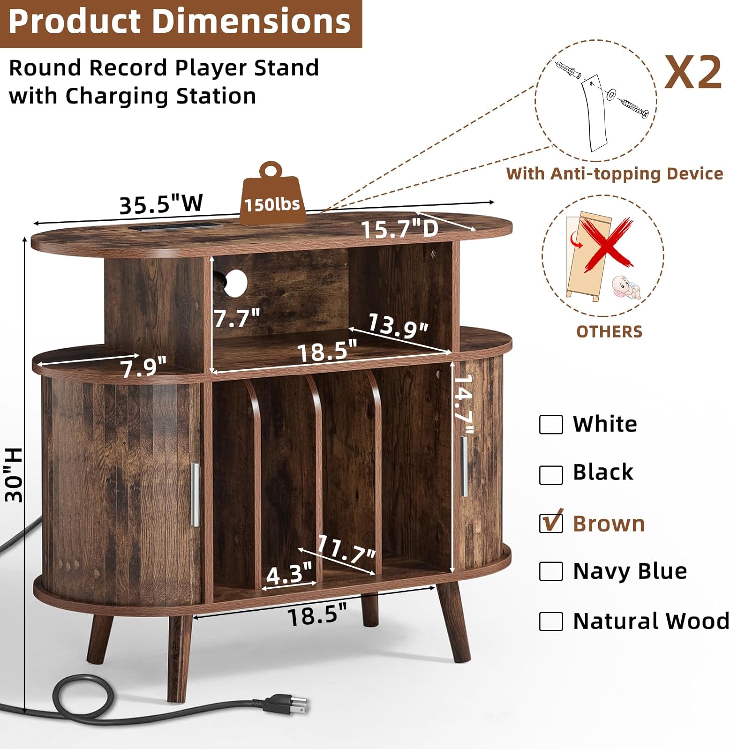 LELELINKY Large Arched Record Player Stand with Charging Station & Fluted Display Shelf,Mid Century Modern Turntable Cabinet with Vinyl Storage,Round Wood Record Player Table for Living Room,Brown