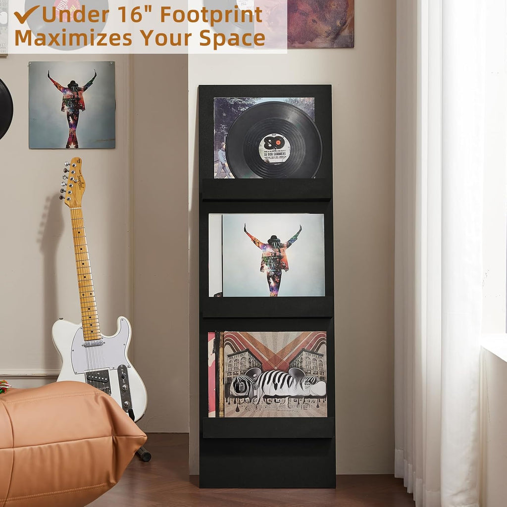 LELELINKY Wall Mount Vinyl Record Holder with 3 Tier Display Shelf, 47.5'' Tall Record Storage Magazine Holder, Book Shelf Holder Holds Up to 15 Vinyls Albums/CD for Living Room, Concert Hall, Black