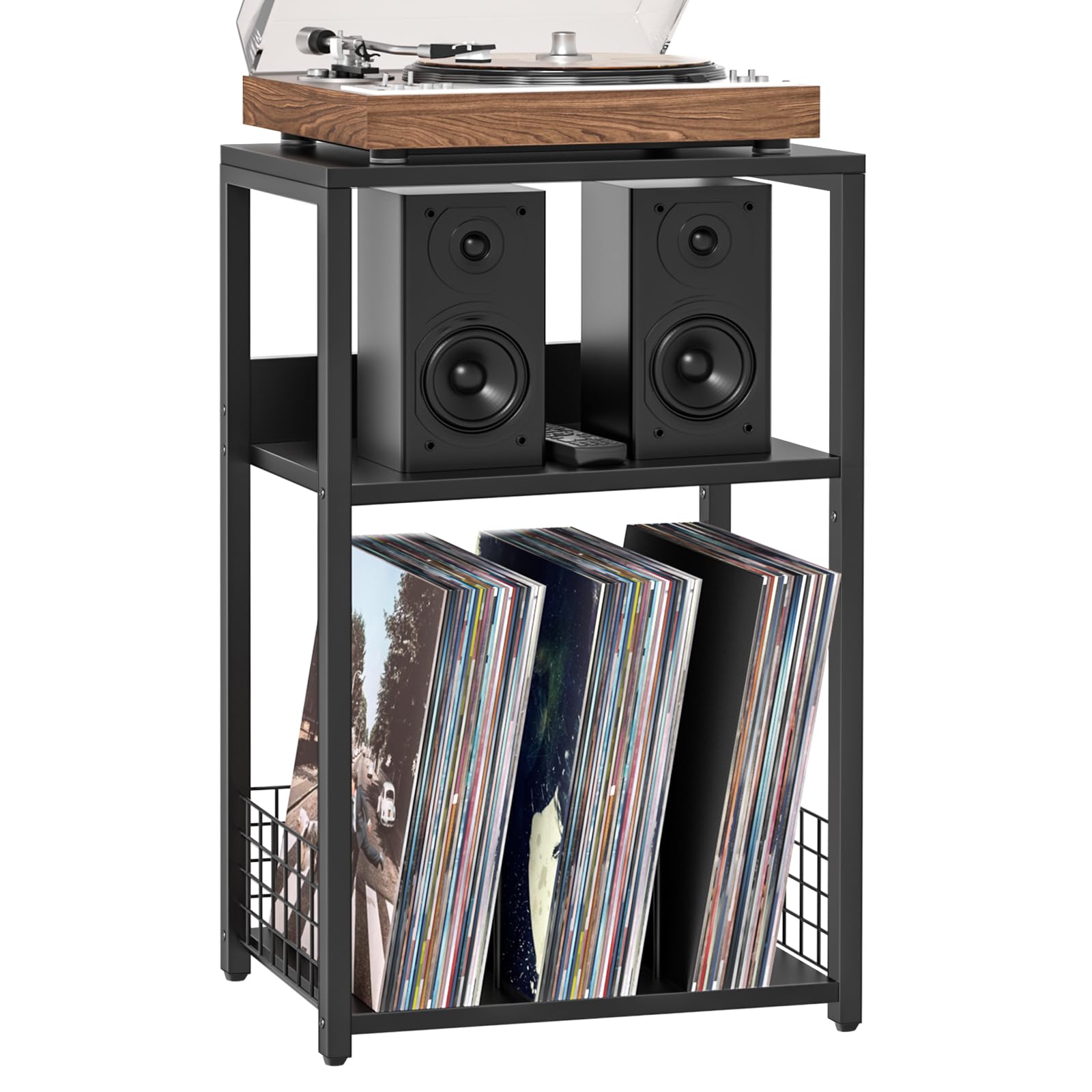 LELELINKY 3 Tier End Table,Record Player Stand with Storage Up to 100 Albums,Turntable Stand for Vinyl,Brown Records Shelf for Living Room Bedroom