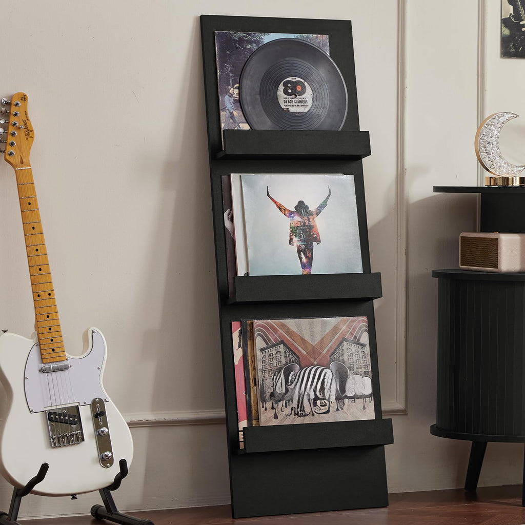 LELELINKY Wall-Leaning Vinyl Record Holder with 3 Tier Display Shelf, 47.5'' Tall Record Storage Magazine Holder, Vinlys Stand Holder Holds Up to 30 Vinyls Albums/CD for Living Room, Brown