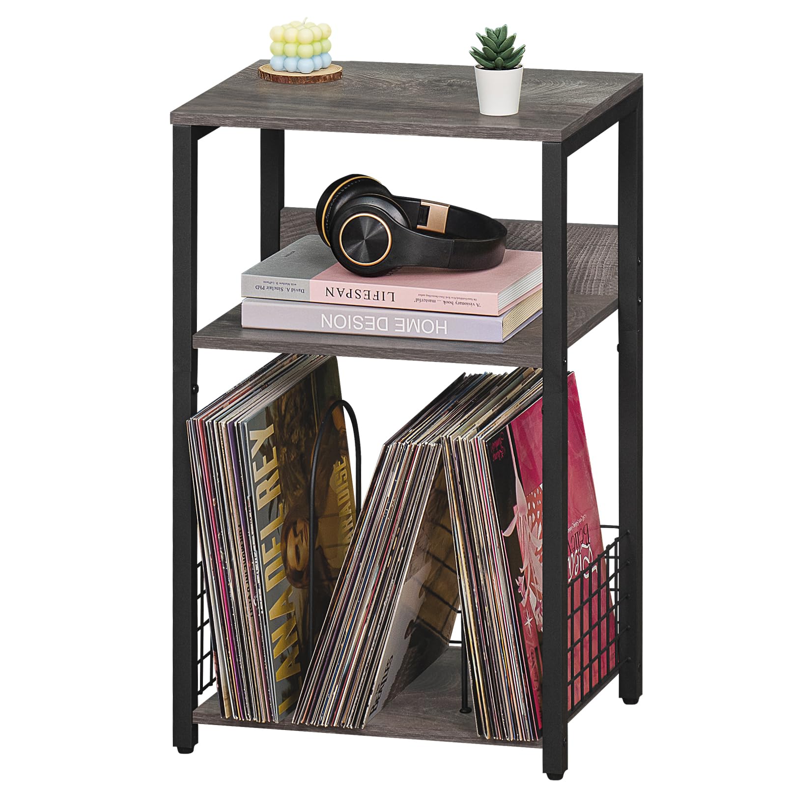 LELELINKY 3 Tier End Table,Record Player Stand with Storage Up to 100 Albums,Turntable Stand for Vinyl,Brown Records Shelf for Living Room Bedroom