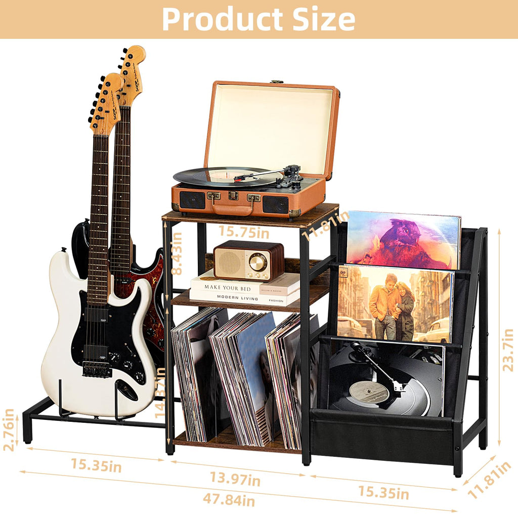 LELELINKY Record Player Stand, Black Adjustable Guitar Stand for Acoustic Guitar, Electric Guitar, Bass, Turntable Stand with Vinyl Display Shelf Storage Up to 150 Albums, End Table for Music Room