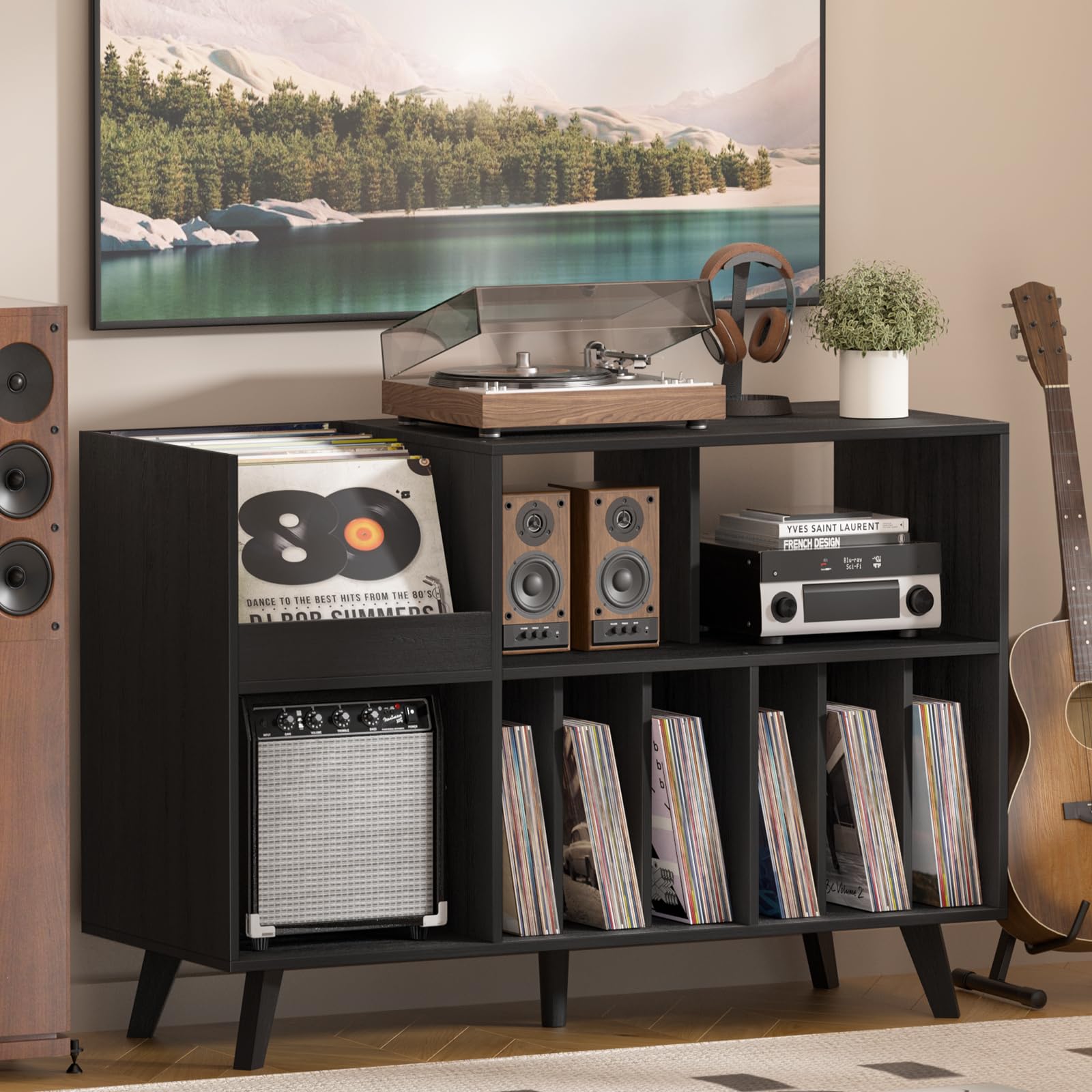 LELELINKY Large Record Player Stand, Turntable Stand with Storage, Vinyl Record Holder with Display Area, Record Player Table Holds Up to 300 Albums, Record Stand for Music Room Living Room-Brown