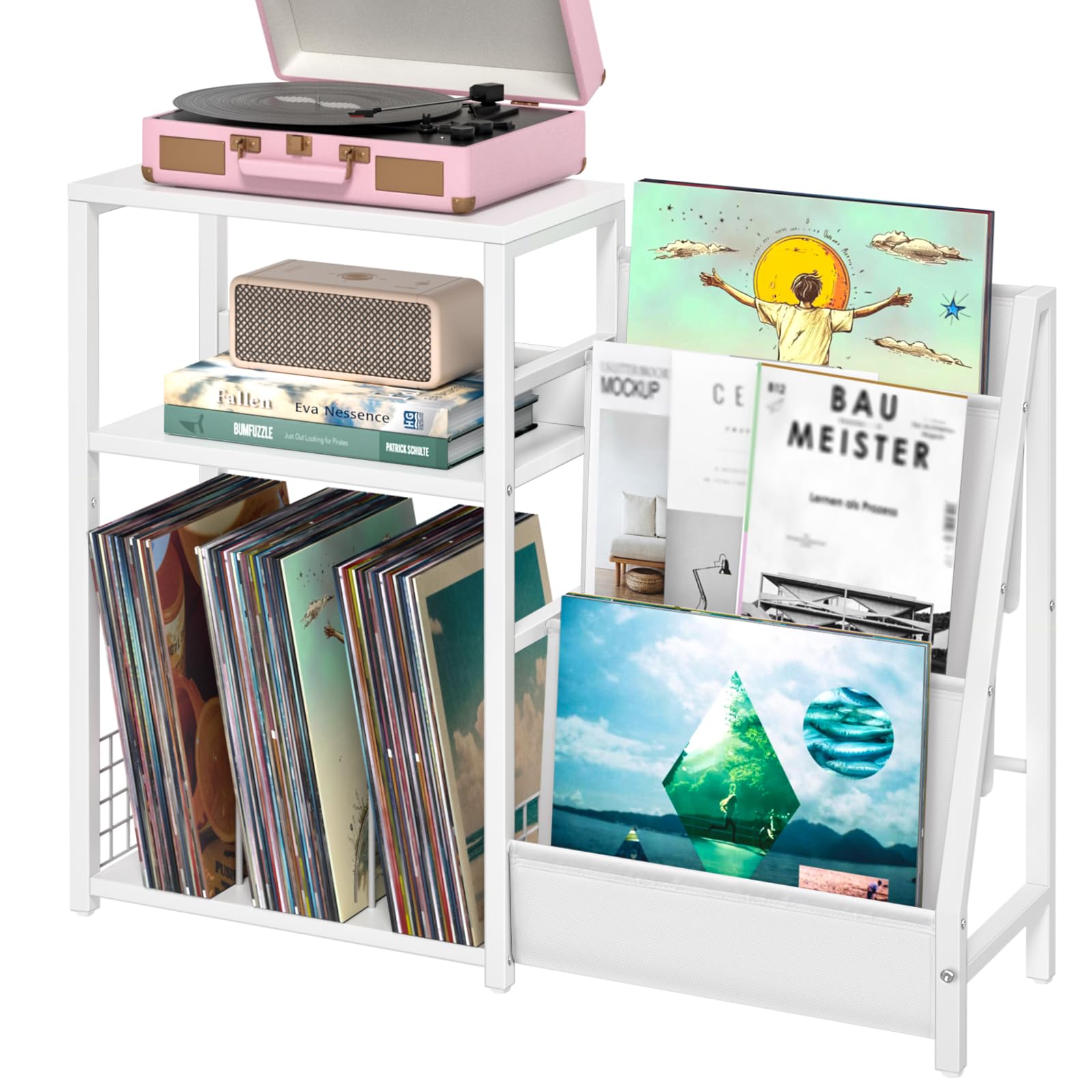 LELELINKY Record Player Stand, Black Adjustable Guitar Stand for Acoustic Guitar, Electric Guitar, Bass, Turntable Stand with Vinyl Display Shelf Storage Up to 150 Albums, End Table for Music Room