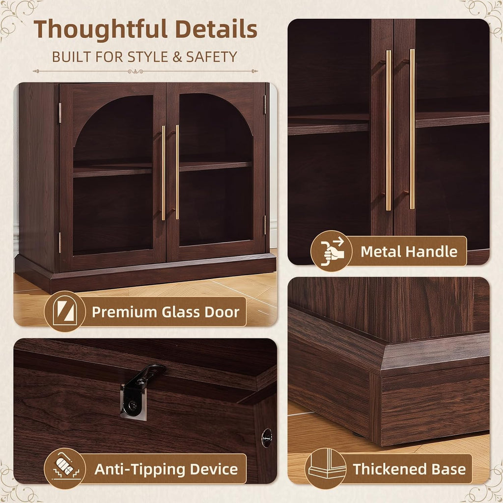 LELELINKY Arched Bookshelf with Tempered Glass Doors, 67" Tall Bookcase
