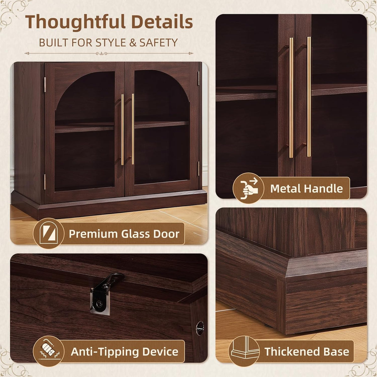 LELELINKY Arched Bookshelf with Tempered Glass Doors, 67" Tall Bookcase
