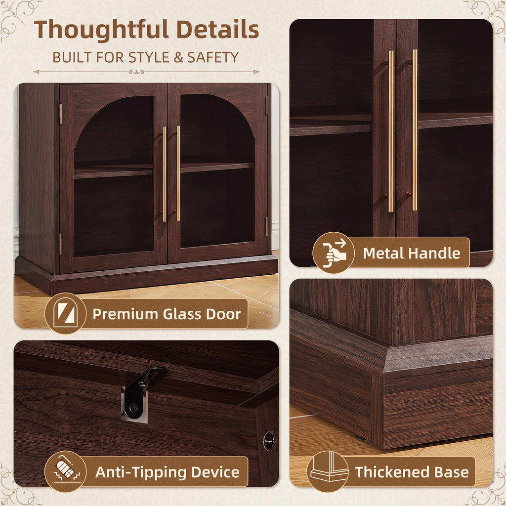 LELELINKY Arched Bookshelf with Tempered Glass Doors, 67" Tall Bookcase