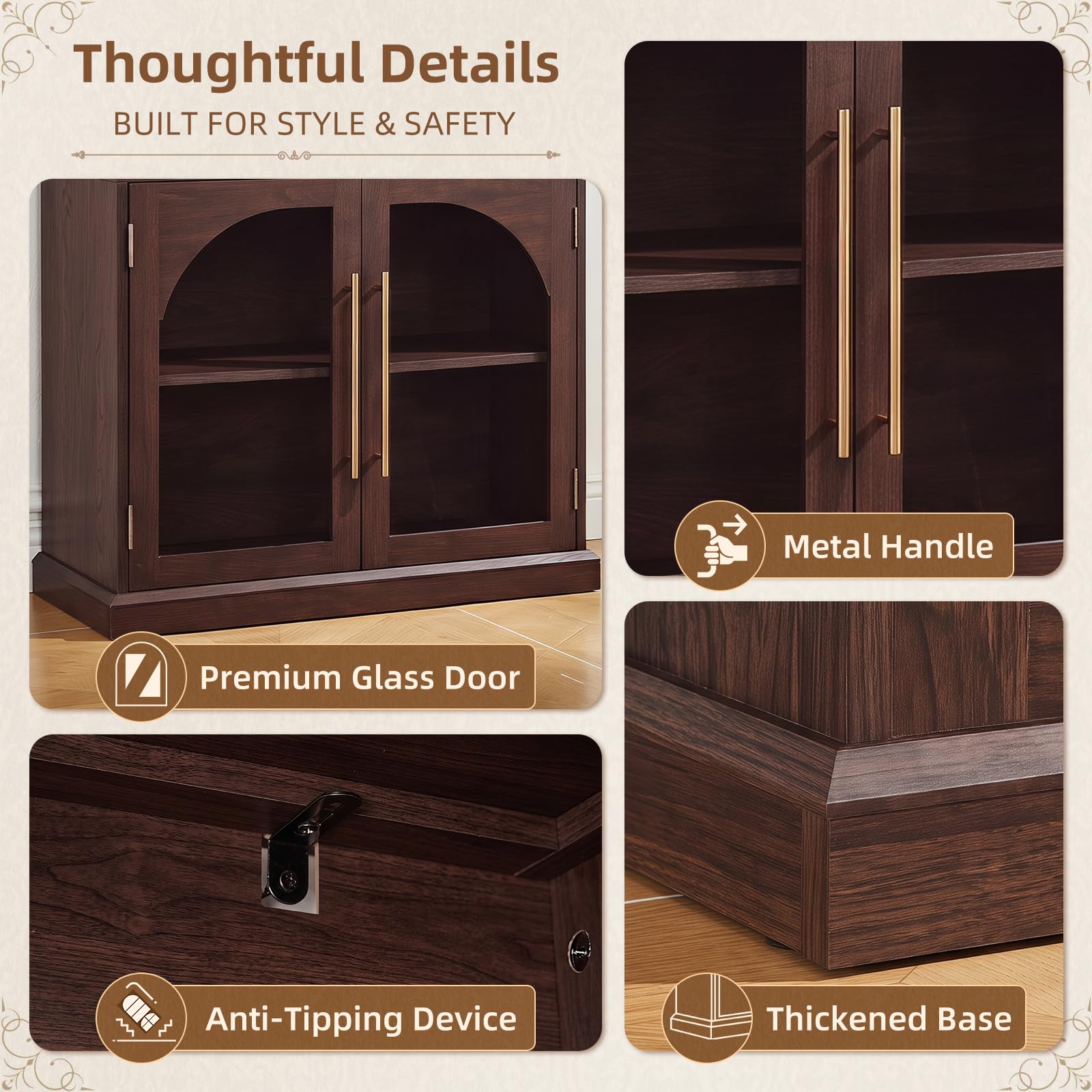 LELELINKY Arched Bookshelf with Tempered Glass Doors, 67" Tall Bookcase