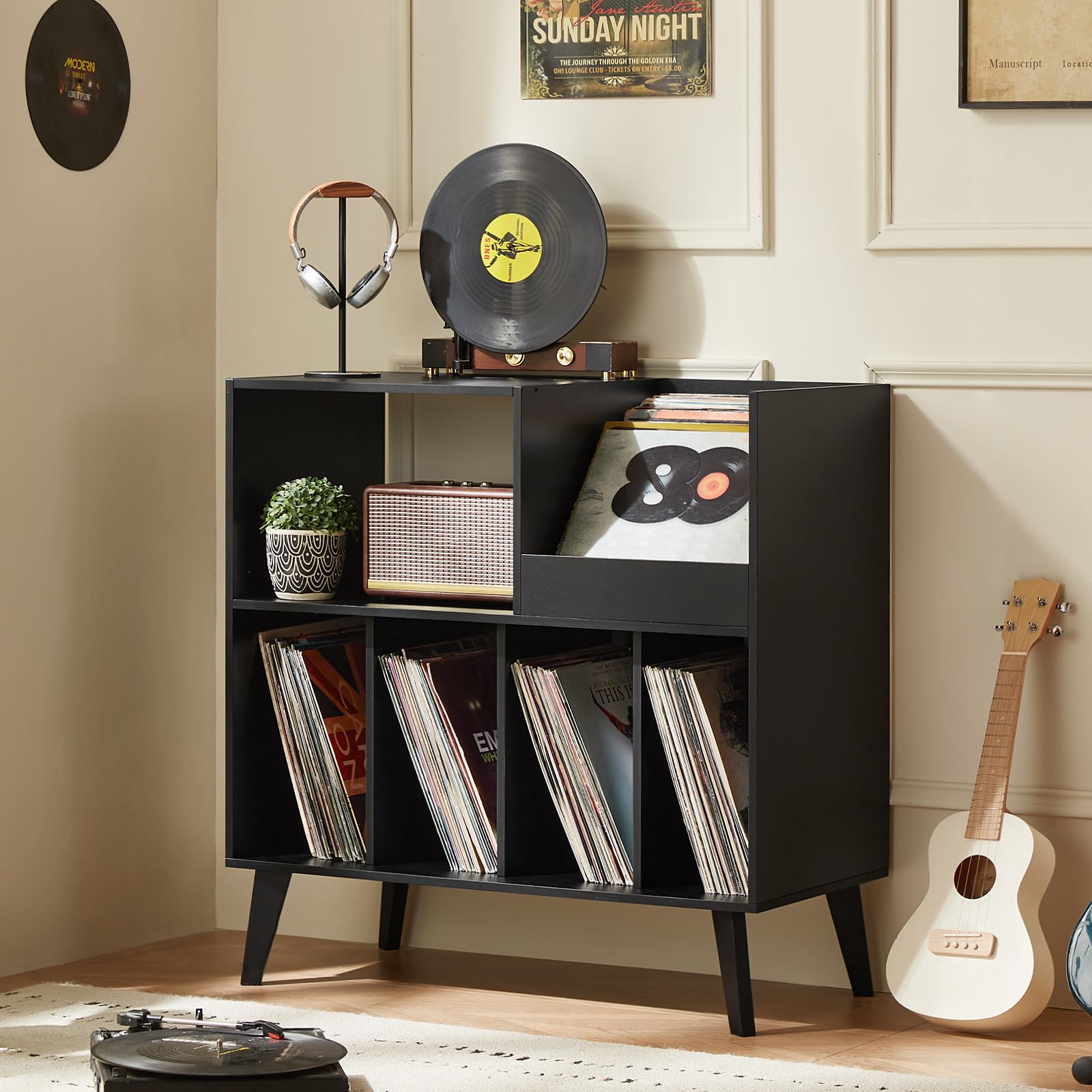 LELELINKY Large Record Player Stand, Turntable Stand with Storage, Vinyl Record Holder with Display Area, Record Player Table Holds Up to 300 Albums, Record Stand for Music Room Living Room-Brown