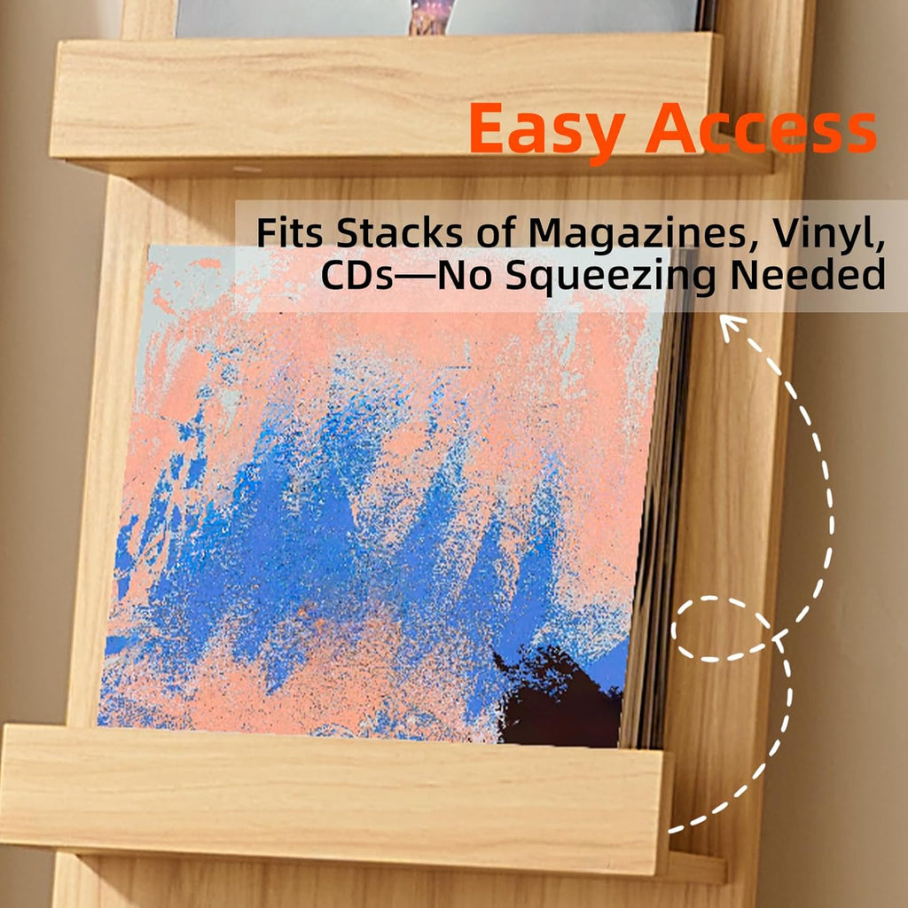 LELELINKY Wall Mount Vinyl Record Holder with 3 Tier Display Shelf, 47.5'' Tall Record Storage Magazine Holder, Book Shelf Holder Holds Up to 15 Vinyls Albums/CD for Living Room, Concert Hall, Natural